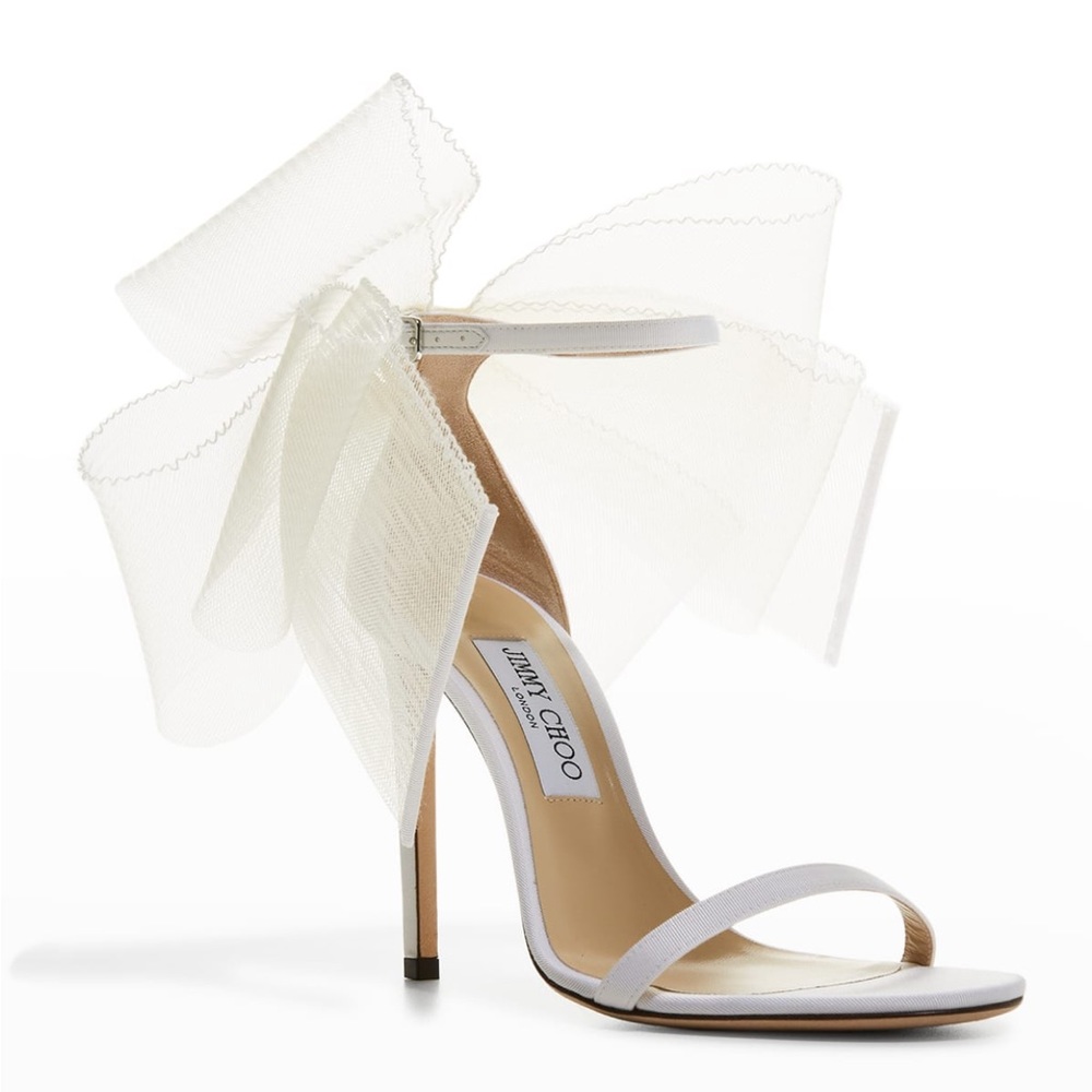 NWT 100% Authentic Jimmy Choo 100mm Aveline Tulle Bow Ankle-Strap Sandals